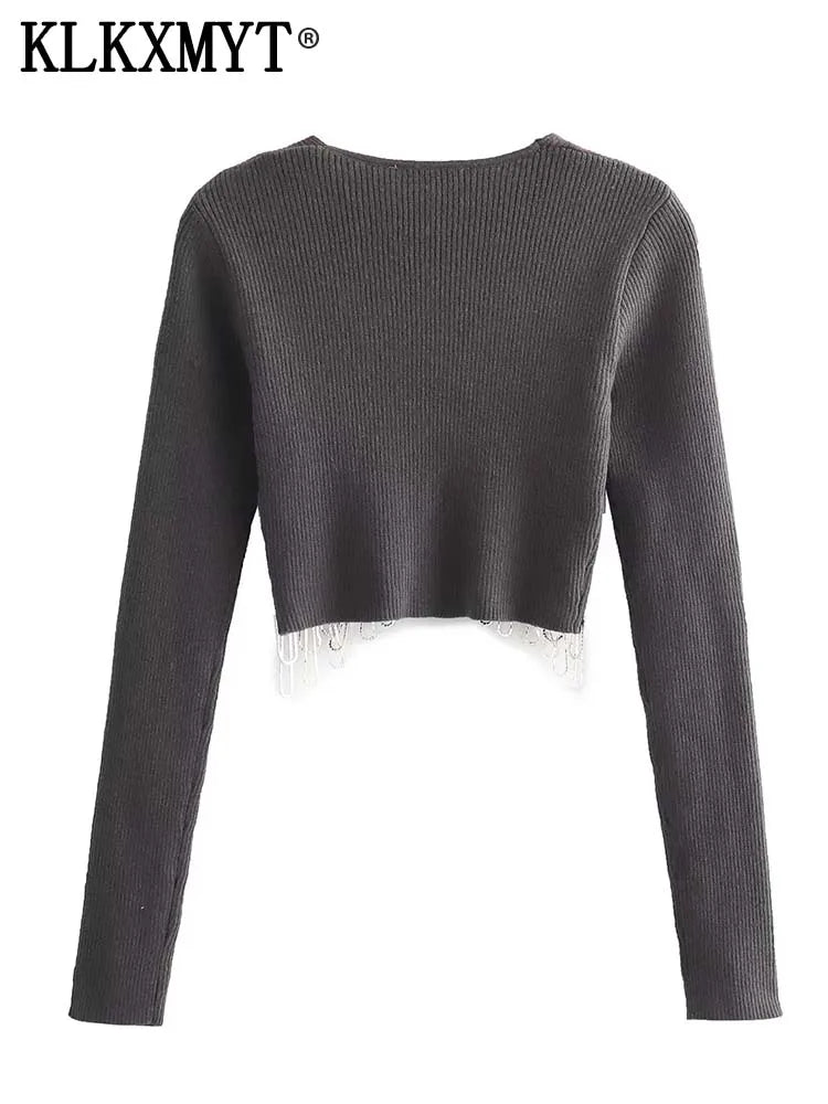 Women Fashion V Neck Ribbing Knitting Short Blouse Female Hem Diamond Tassel Slim Shirt Female Chic Blusas Tops