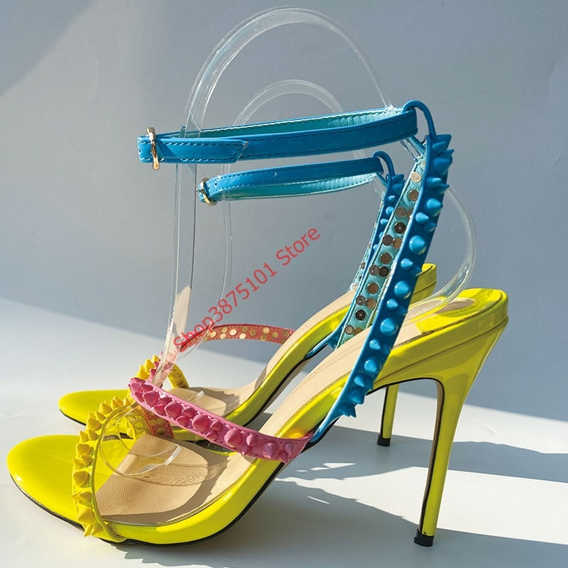 Rivets Cross Strap Summer Heels Sandals Women Thin Heels Sandals Color Studded Summer Classic Party Shoes as pic 10cm