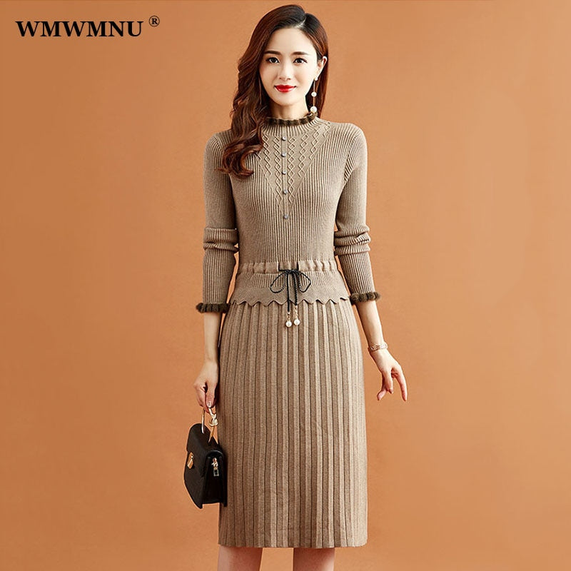 Robe tricotée plissée deux pièces pour femmes, Vintage, élégante, pull à bascule, Slim, manches longues, automne hiver, robes mi-longues