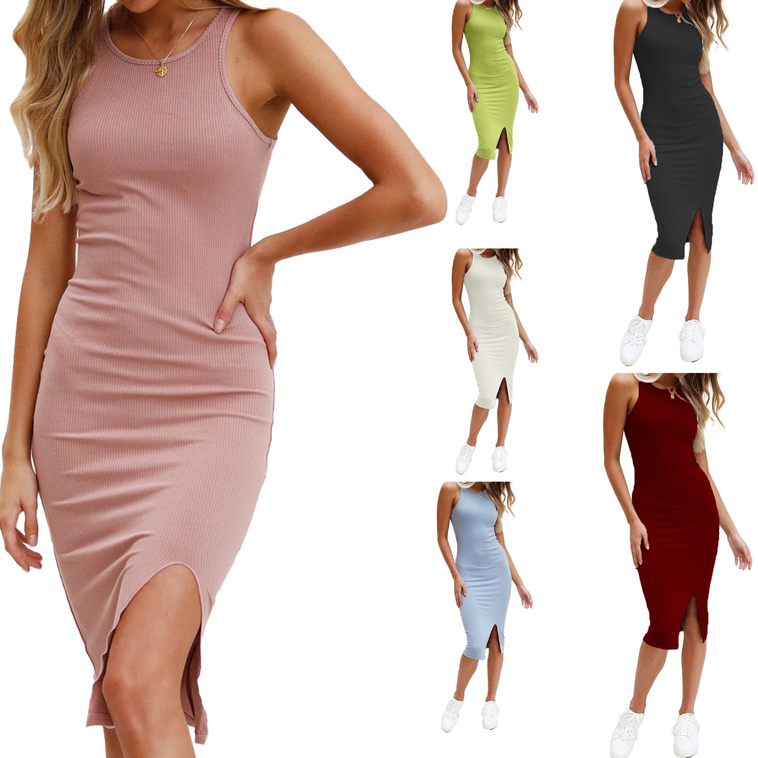 Solid Knit Dress Women Summer Sexy Bodycon Sleeveless Spaghetti Strap Beach Party Midi Dresses Pencil Dress Elegant 2024