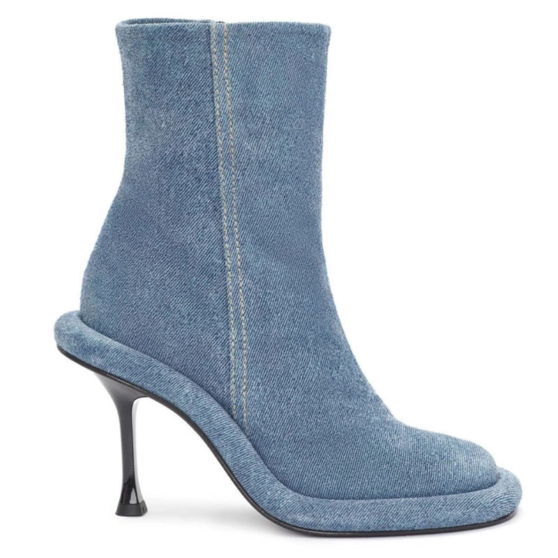 Spring and Autumn Women's New Slender High Heel Denim Short Boots Round Head Side Zipper Fashion Brand Women's Boots