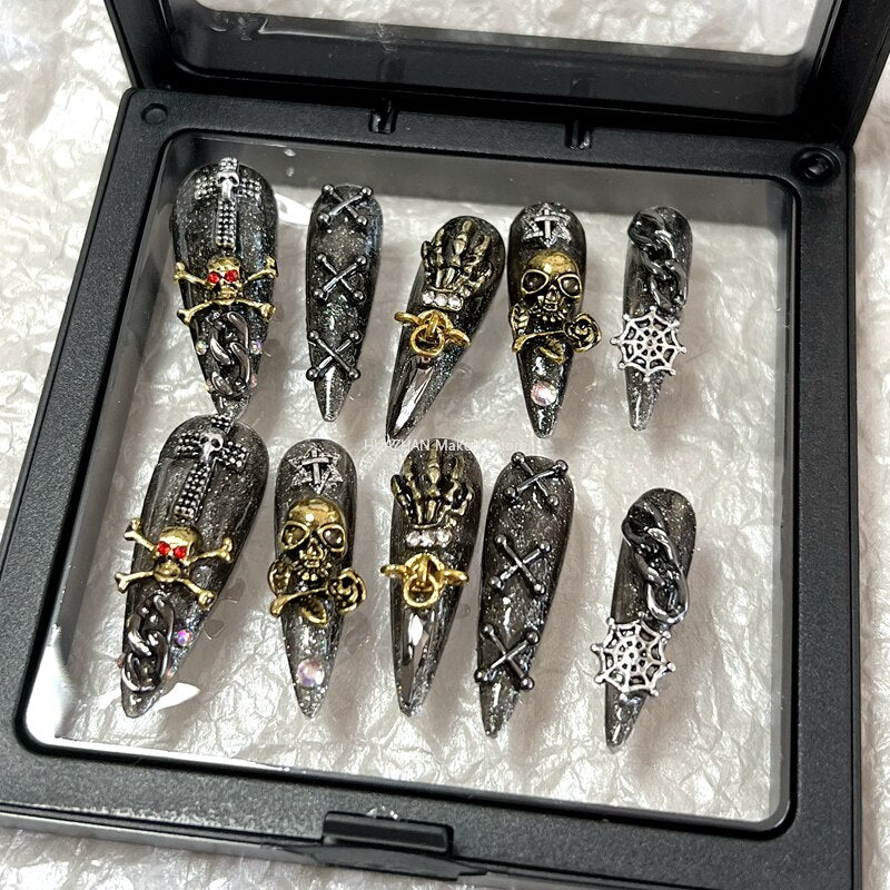 Crâne Design Punk Rock Noir Faux Ongles Presse Sur Ongles Fait Main Halloween Long Cercueil Réutilisable Faux Ongles Avec Colle DIY Manucure