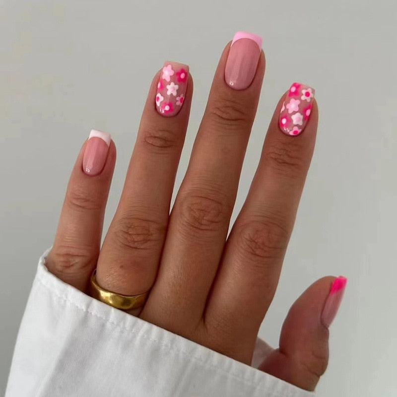 Summer New Square False Nails French Fake Nails With Flower Pattern Designs False Nails Full Cover Detachable Press on Nail Tips 9