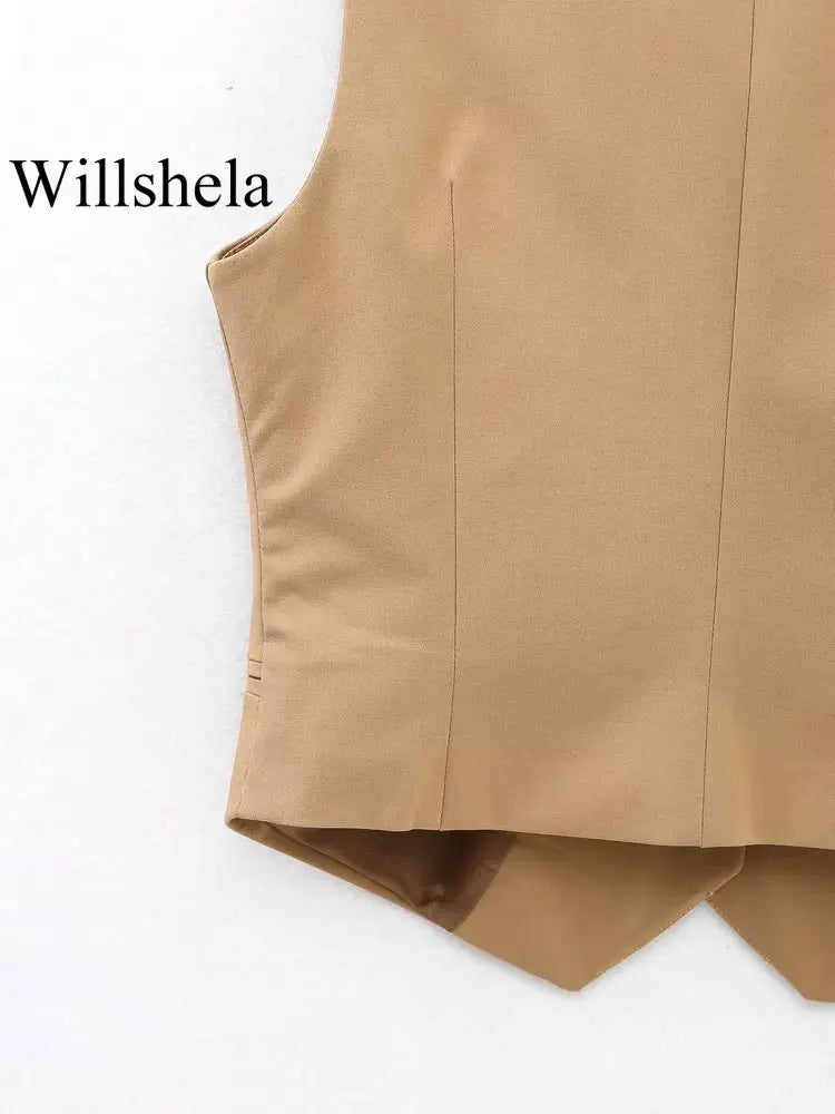 Willshela Women Fashion Khaki Cropped Vest V-Neck Single Breasted Sleeveless Female Chic Lady Outfit Short Top Tank