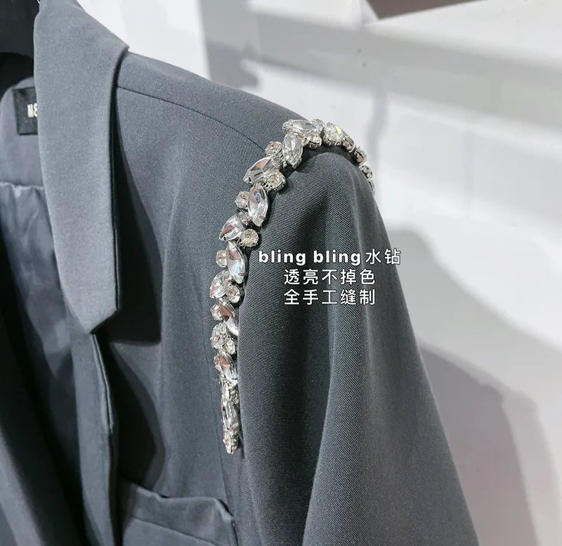 Spring Luxury diamond Suit Blazers Women medium long fashion suit skirt bow long sleeve suit Blazers Cool silver suit 20 colors 9667 khaki