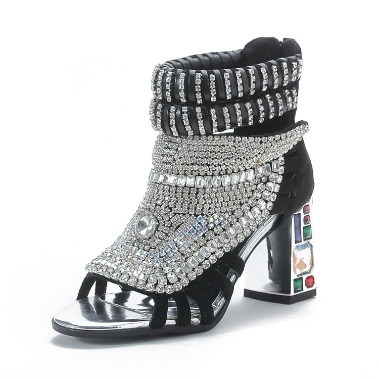 Summer Fashion Sandals Bling Rhinestone High Heels Diamond Chunky Heel Thin Strap Zip Open Toe Boots Designer Shoes Party Prom Black