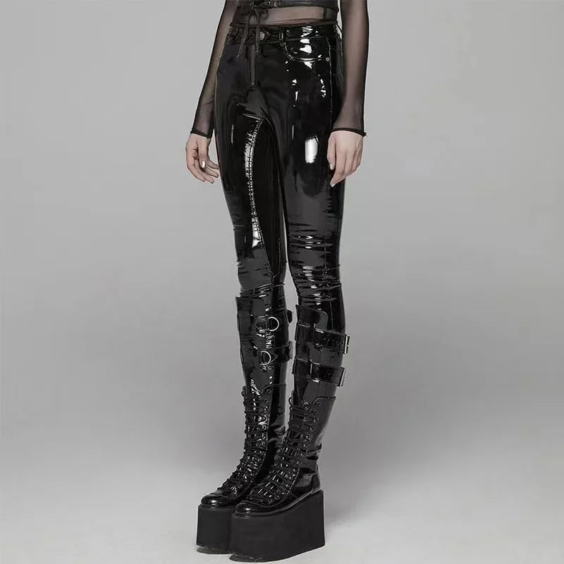 Shiny Patent Leather Pencil Pants Women High Waist PU Leather Bodycon Trousers Ladies Casual Zip Slim Pants Clubwear New Custom