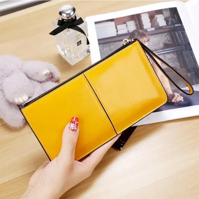 Women's Vintage Oil Wax Leather Zipper Clutch Wallet Female Large Capacity Coin Purse Ladies Wristband Simple Card Holder Wallet Yellow