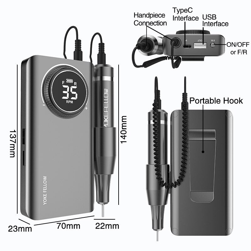YOKEFELLOW Kit de perceuse à ongles professionnelle 35000 tr/min lime à ongles électrique Portable Rechargeable pour manucure ongles en Gel acrylique