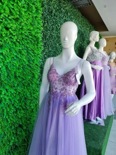 Gorgeous Evening Dresses for Women Sexy V Neck Crystal Beaded Beads Backless Spaghetti Straps Formal Purple Prom Gown PURPLE