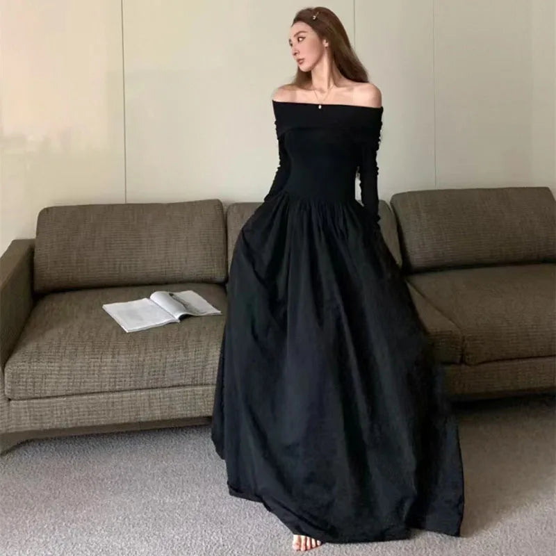 Black Elegant Slash Neck Long Dress Women Y2K Spring Korean Sexy Off Shoulder Long Sleeve Dress Fashion All Match Party Vestidos black