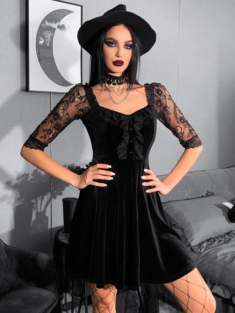 Gothic Velvet Black Summer Mini Dress Women Short Sleeve See Through A-LINE Dress Aesthetic Backless Club Sexy Partywear