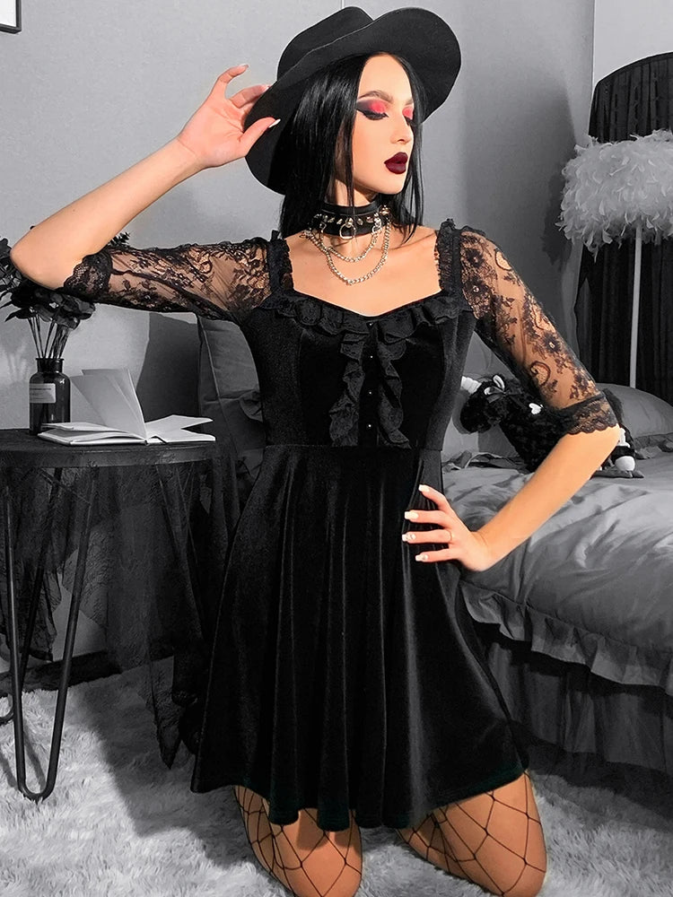 Gothic Velvet Black Summer Mini Dress Women Short Sleeve See Through A-LINE Dress Aesthetic Backless Club Sexy Partywear