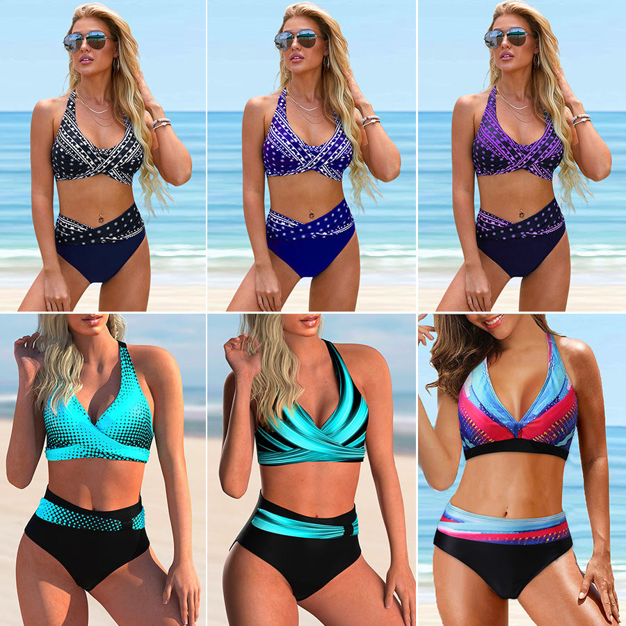 Spring And Summer Swimwear Spot European And American Sexy Split Color Matching High Waist Swimsuit Bikini