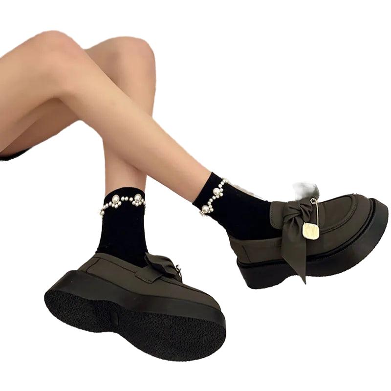 2 Pairs Fashion Four Seasons Black White Solid Color Stacked Women's Socks Pearl Women's Socks Ins Cute Sweet Middle Tube Socks