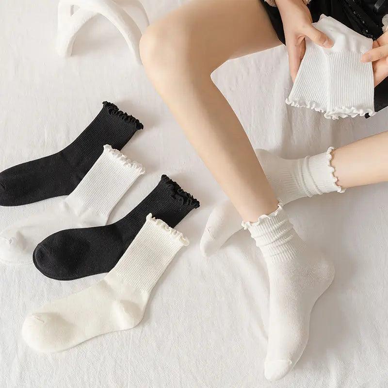 2 Pairs Fashion Four Seasons Black White Solid Color Stacked Women's Socks Pearl Women's Socks Ins Cute Sweet Middle Tube Socks