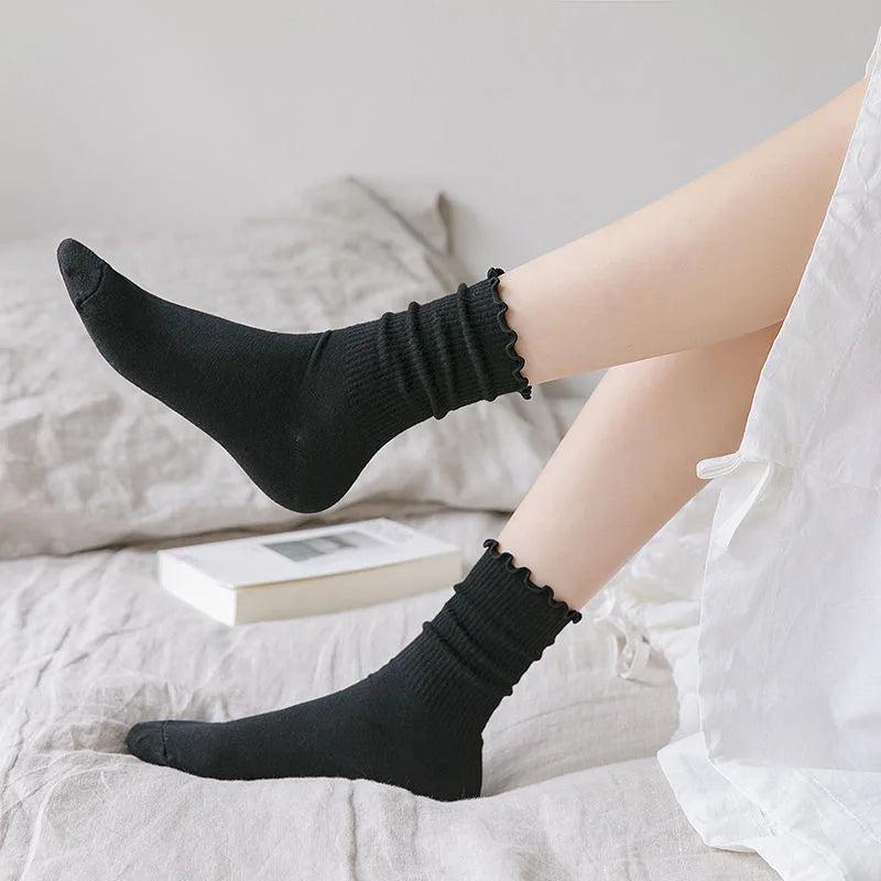 2 Pairs Fashion Four Seasons Black White Solid Color Stacked Women's Socks Pearl Women's Socks Ins Cute Sweet Middle Tube Socks