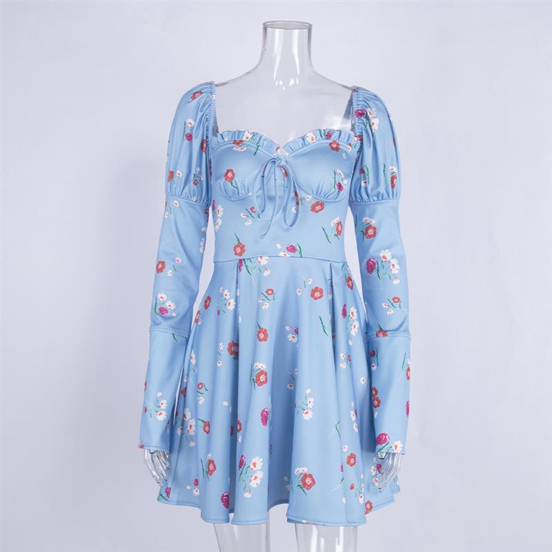 Waist-looking Glamorous Long-sleeved A-line Dress Blue