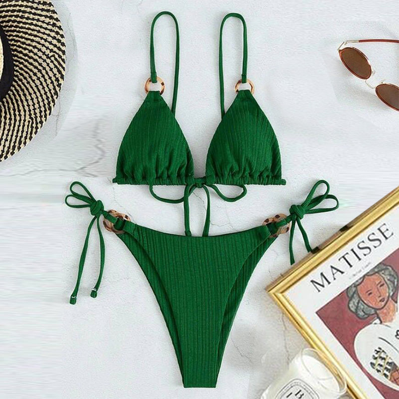 Women's New Solid Color Strap Bikini Two Swimsuits Green