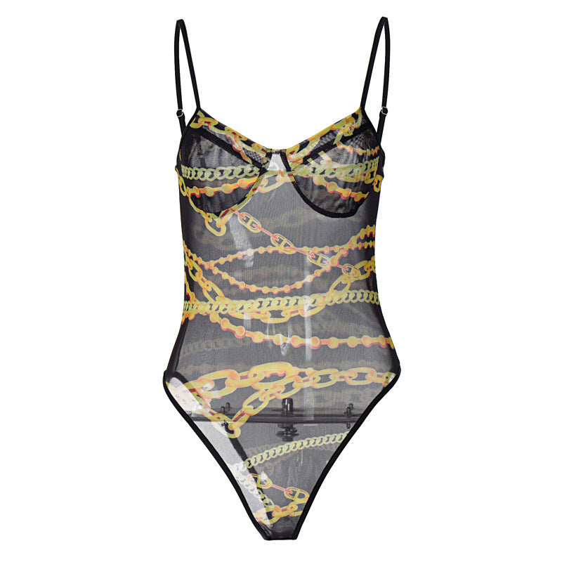 Women's Fashion V-Neck Sling Print Bodysuit Black