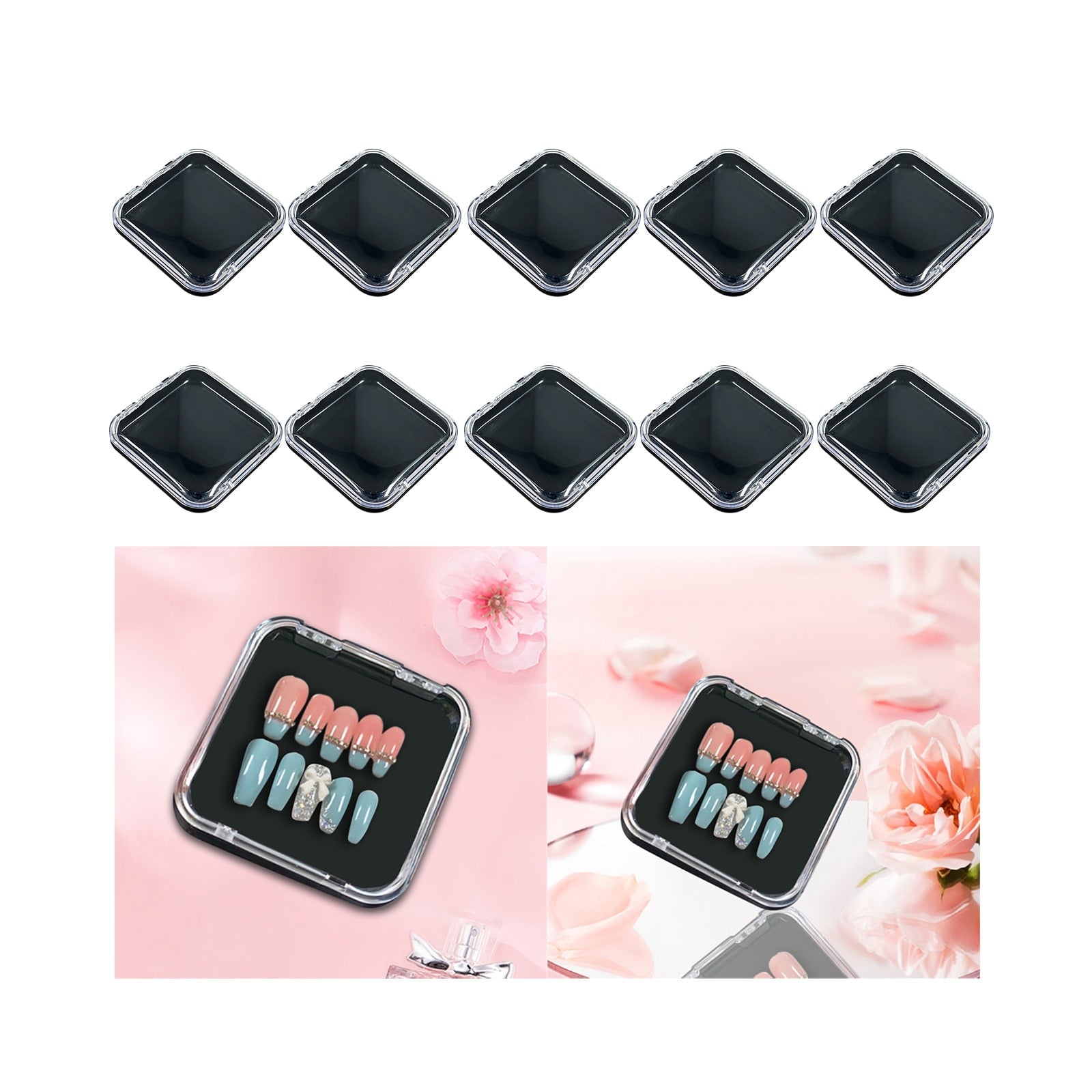 10 Pieces Press on Nail Storage Box 3x3inch Acrylic Nail Packing Box for Home Use Nail Salon Nail Display Case Black