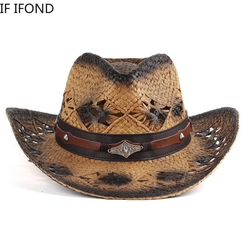 100% Natural Straw Women Men Western Cowboy Hat Summer Handmade Hollow Sombrero Hombre Beach Sun Hat  Cowgirl Jazz Hat AMAIO