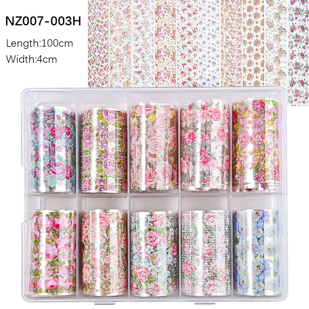 100 Patterns Animal Nail Foils 10ROLLS BOXED Transfer Paper Stickers Sliders DIY Water Marble Boxed Nail Foil NZ-1H 14