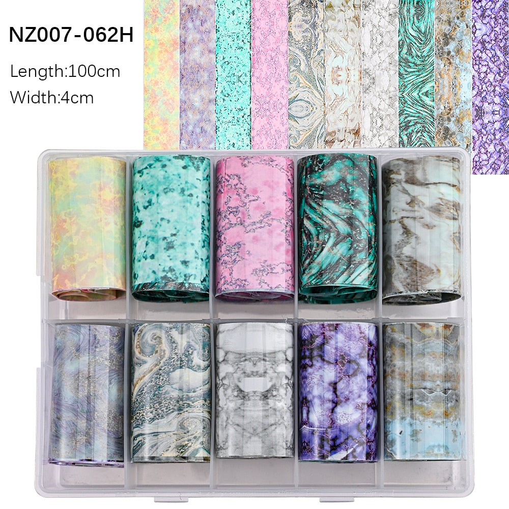 100 Patterns Animal Nail Foils 10ROLLS BOXED Transfer Paper Stickers Sliders DIY Water Marble Boxed Nail Foil NZ-1H 49