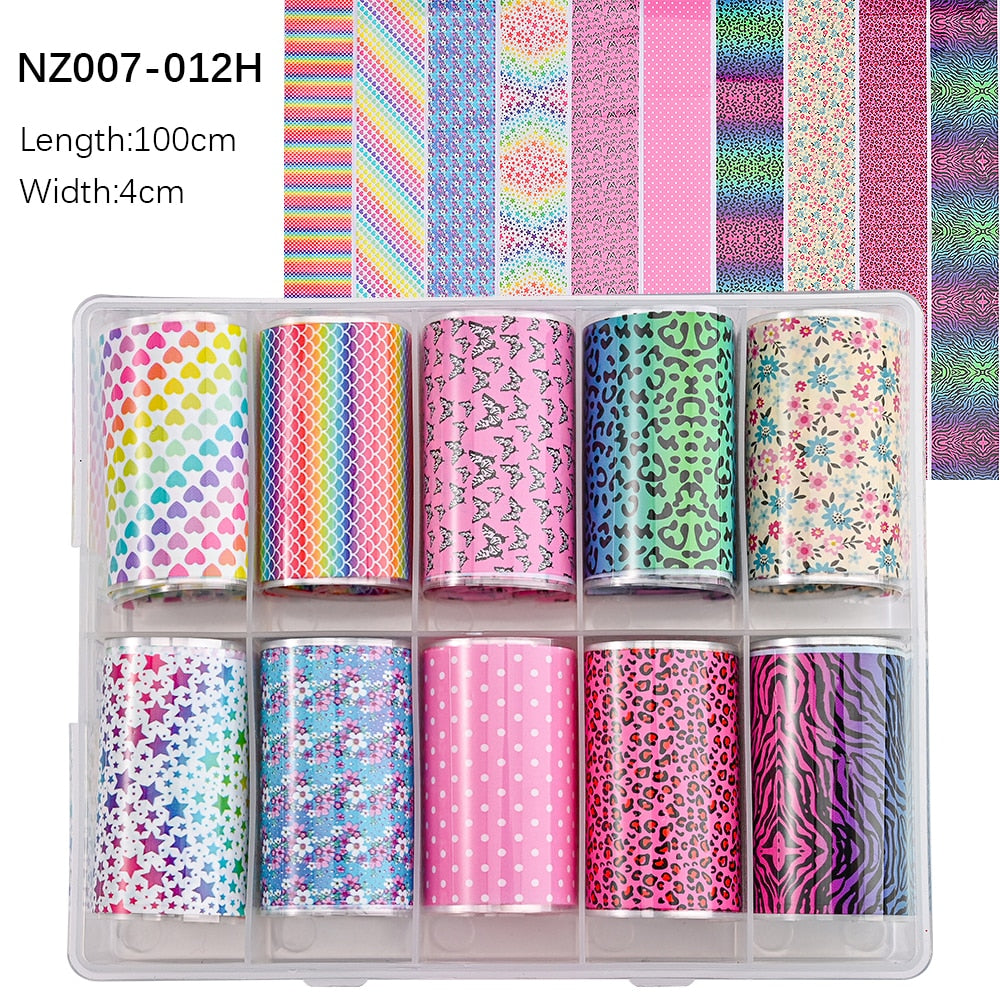 100 Patterns Animal Nail Foils 10ROLLS BOXED Transfer Paper Stickers Sliders DIY Water Marble Boxed Nail Foil NZ-1H 73