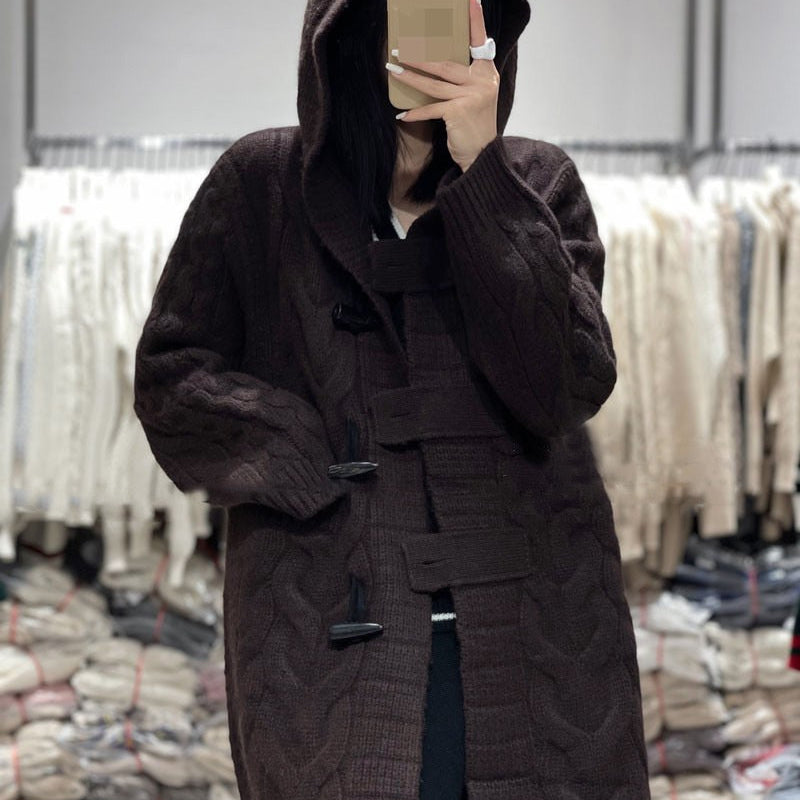 100% Pure Wool Cashmere Sweater Woman Hooded Collar Long-style Cardigan Knit Tops Autumn Winter Warmth Thick Horn Button Outwear Coffee