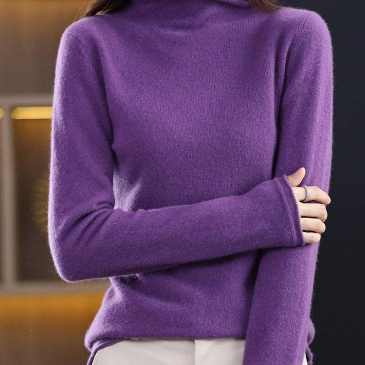 100% Pure Wool Women Sweater Autumn Winter Fashion Pile Collar Pullover Cashmere Sweater Casual Long-sleeved Knitted Tops Violet