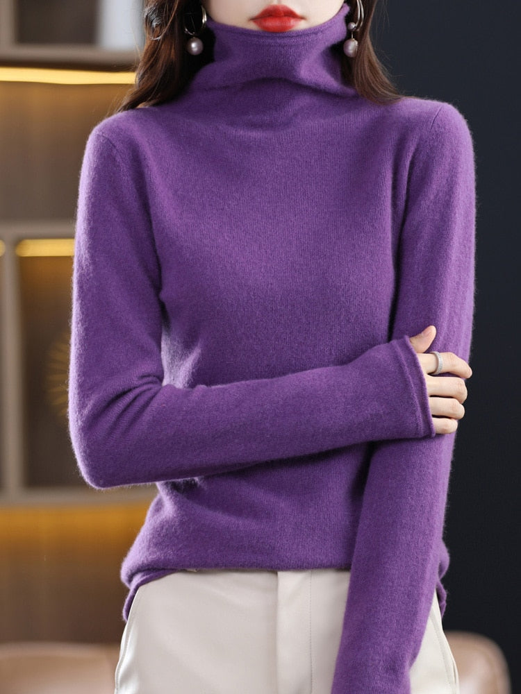 100% Pure Wool Women Sweater Autumn Winter Fashion Pile Collar Pullover Cashmere Sweater Casual Long-sleeved Knitted Tops Violet