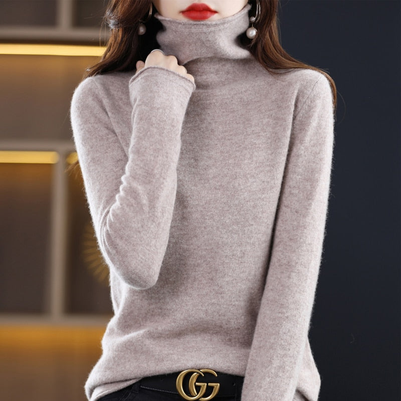 100% Pure Wool Women Sweater Autumn Winter Fashion Pile Collar Pullover Cashmere Sweater Casual Long-sleeved Knitted Tops AMAIO