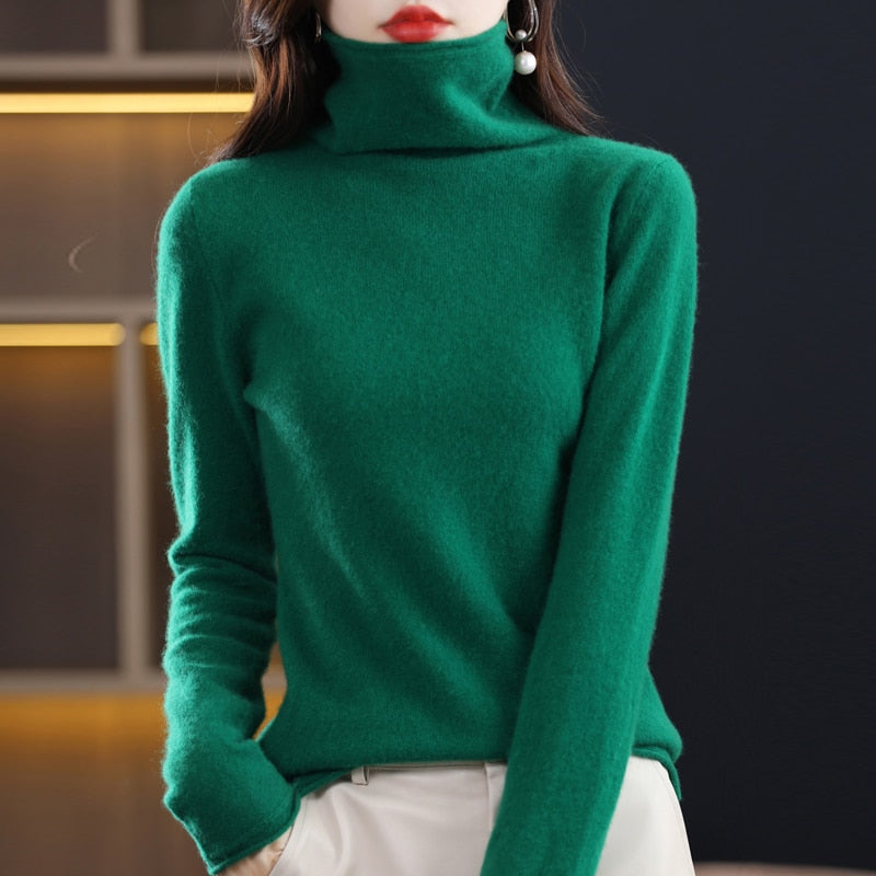 100% Pure Wool Women Sweater Autumn Winter Fashion Pile Collar Pullover Cashmere Sweater Casual Long-sleeved Knitted Tops