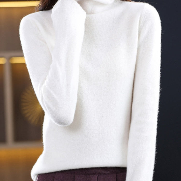 100% Pure Wool Women Sweater Autumn Winter Fashion Pile Collar Pullover Cashmere Sweater Casual Long-sleeved Knitted Tops White