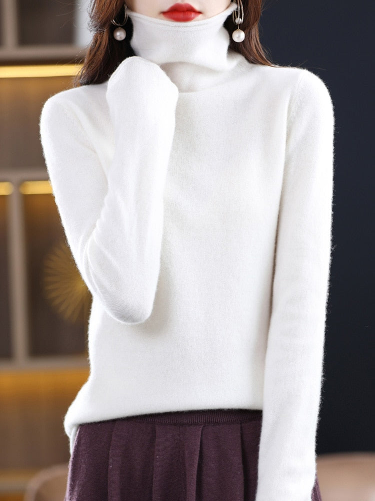 100% Pure Wool Women Sweater Autumn Winter Fashion Pile Collar Pullover Cashmere Sweater Casual Long-sleeved Knitted Tops White