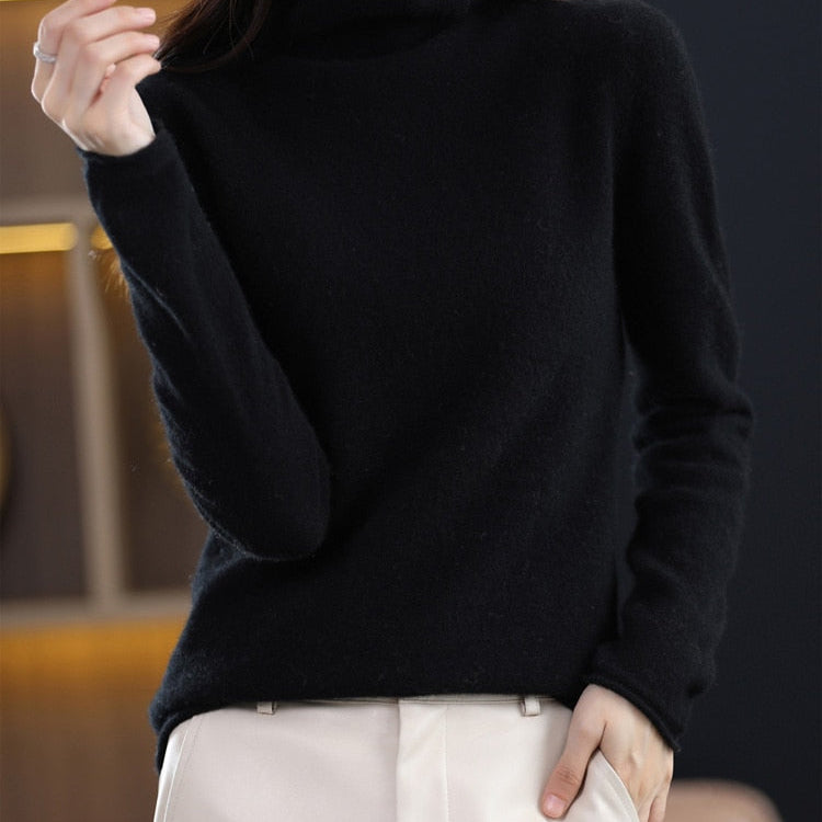 100% Pure Wool Women Sweater Autumn Winter Fashion Pile Collar Pullover Cashmere Sweater Casual Long-sleeved Knitted Tops Black