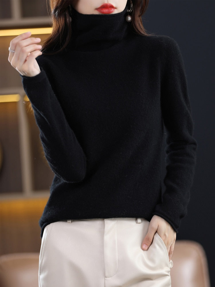 100% Pure Wool Women Sweater Autumn Winter Fashion Pile Collar Pullover Cashmere Sweater Casual Long-sleeved Knitted Tops Black
