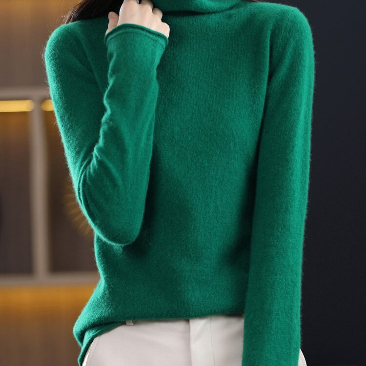 100% Pure Wool Women Sweater Autumn Winter Fashion Pile Collar Pullover Cashmere Sweater Casual Long-sleeved Knitted Tops Green