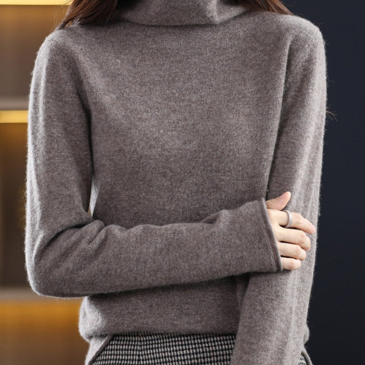 100% Pure Wool Women Sweater Autumn Winter Fashion Pile Collar Pullover Cashmere Sweater Casual Long-sleeved Knitted Tops Dark Camel