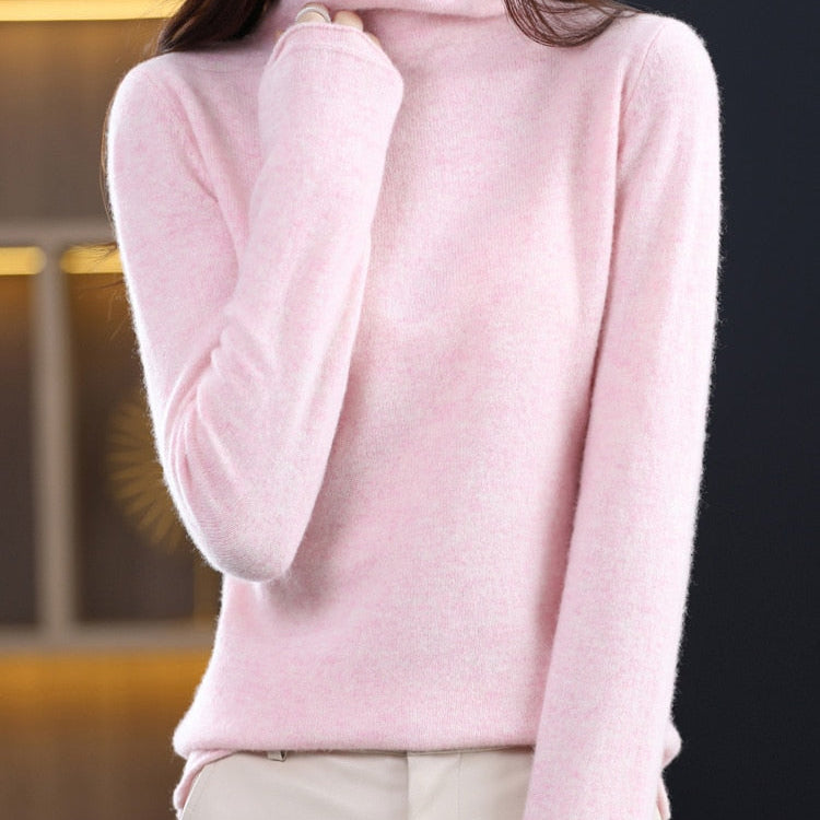 100% Pure Wool Women Sweater Autumn Winter Fashion Pile Collar Pullover Cashmere Sweater Casual Long-sleeved Knitted Tops Pink