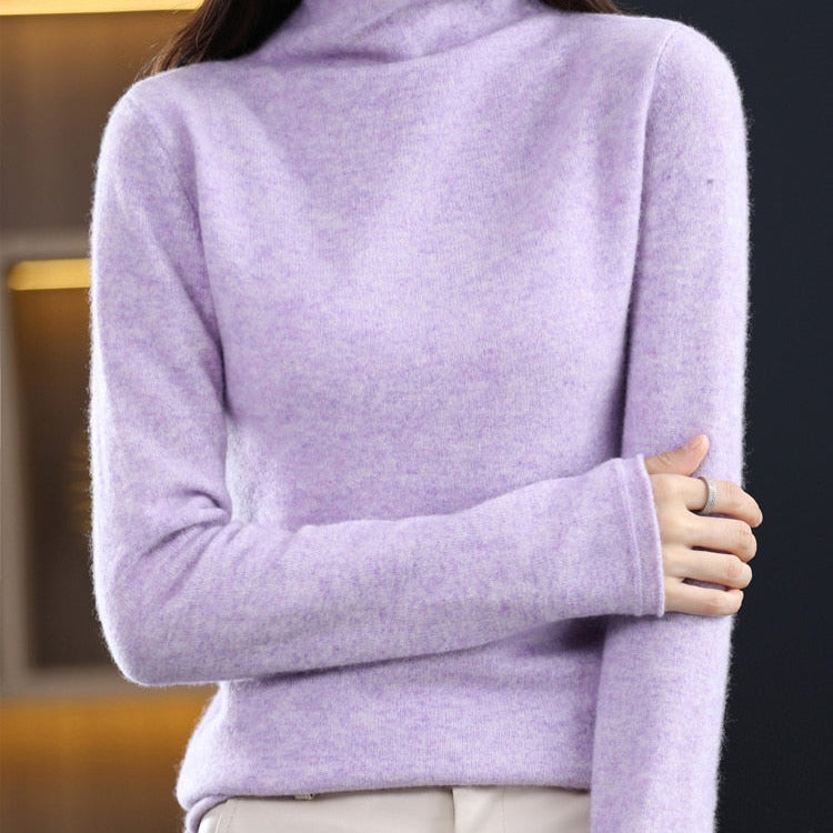 100% Pure Wool Women Sweater Autumn Winter Fashion Pile Collar Pullover Cashmere Sweater Casual Long-sleeved Knitted Tops Calico purple