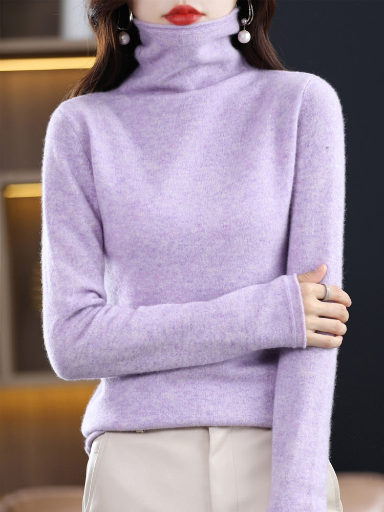 100% Pure Wool Women Sweater Autumn Winter Fashion Pile Collar Pullover Cashmere Sweater Casual Long-sleeved Knitted Tops Calico purple