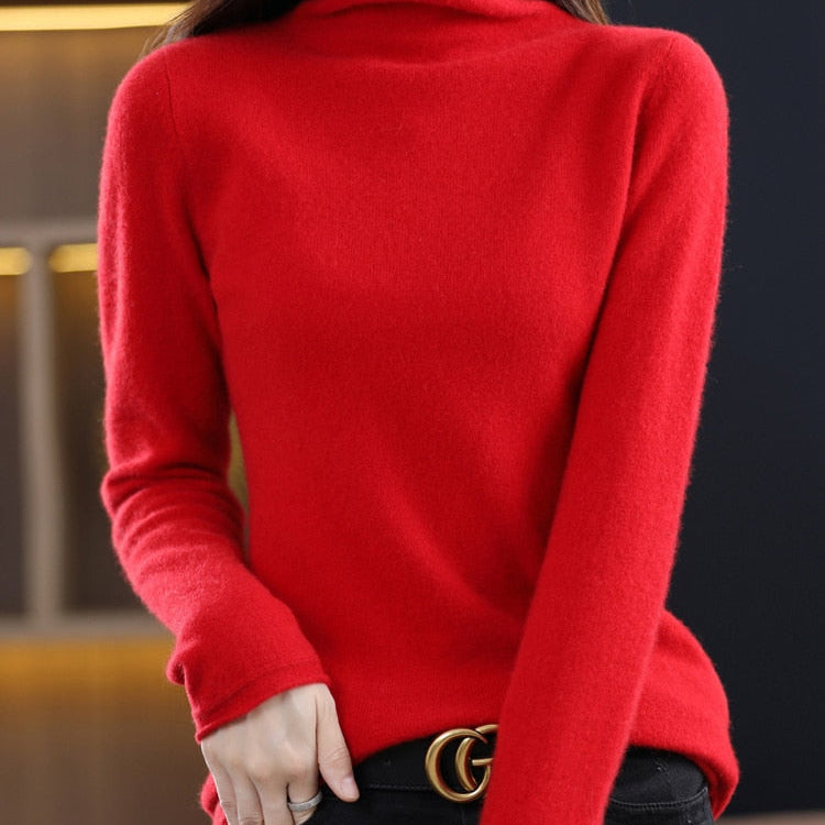 100% Pure Wool Women Sweater Autumn Winter Fashion Pile Collar Pullover Cashmere Sweater Casual Long-sleeved Knitted Tops Red