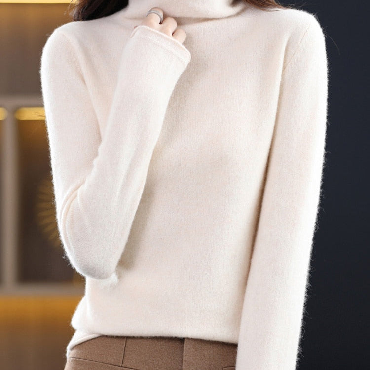 100% Pure Wool Women Sweater Autumn Winter Fashion Pile Collar Pullover Cashmere Sweater Casual Long-sleeved Knitted Tops Beige