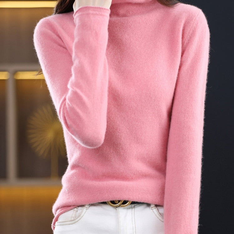 100% Pure Wool Women Sweater Autumn Winter Fashion Pile Collar Pullover Cashmere Sweater Casual Long-sleeved Knitted Tops Pi Pink