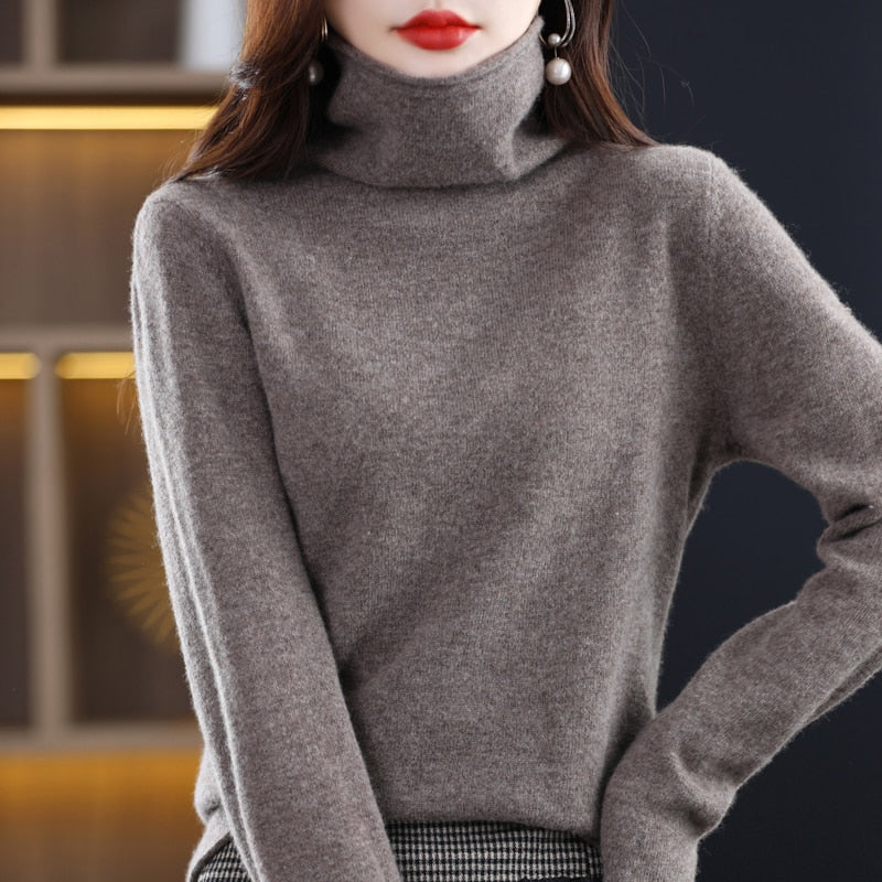 100% Pure Wool Women Sweater Autumn Winter Fashion Pile Collar Pullover Cashmere Sweater Casual Long-sleeved Knitted Tops