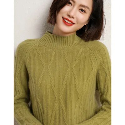 100% wool cashmere sweater 2022 autumn and winter new women's half turtleneck pullover casual solid color jacket knitted top fruit green