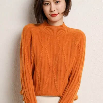 100% wool cashmere sweater 2022 autumn and winter new women's half turtleneck pullover casual solid color jacket knitted top pumpkin color