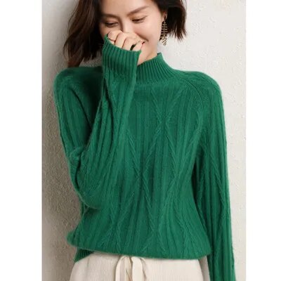 100% wool cashmere sweater 2022 autumn and winter new women's half turtleneck pullover casual solid color jacket knitted top green